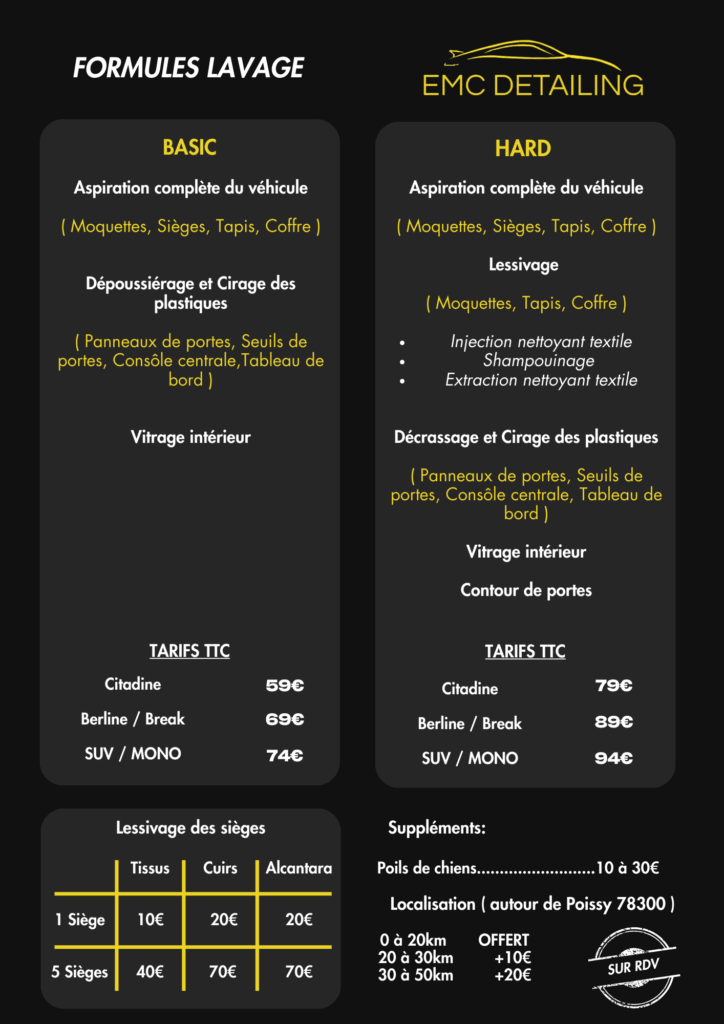 Tarifs lavage